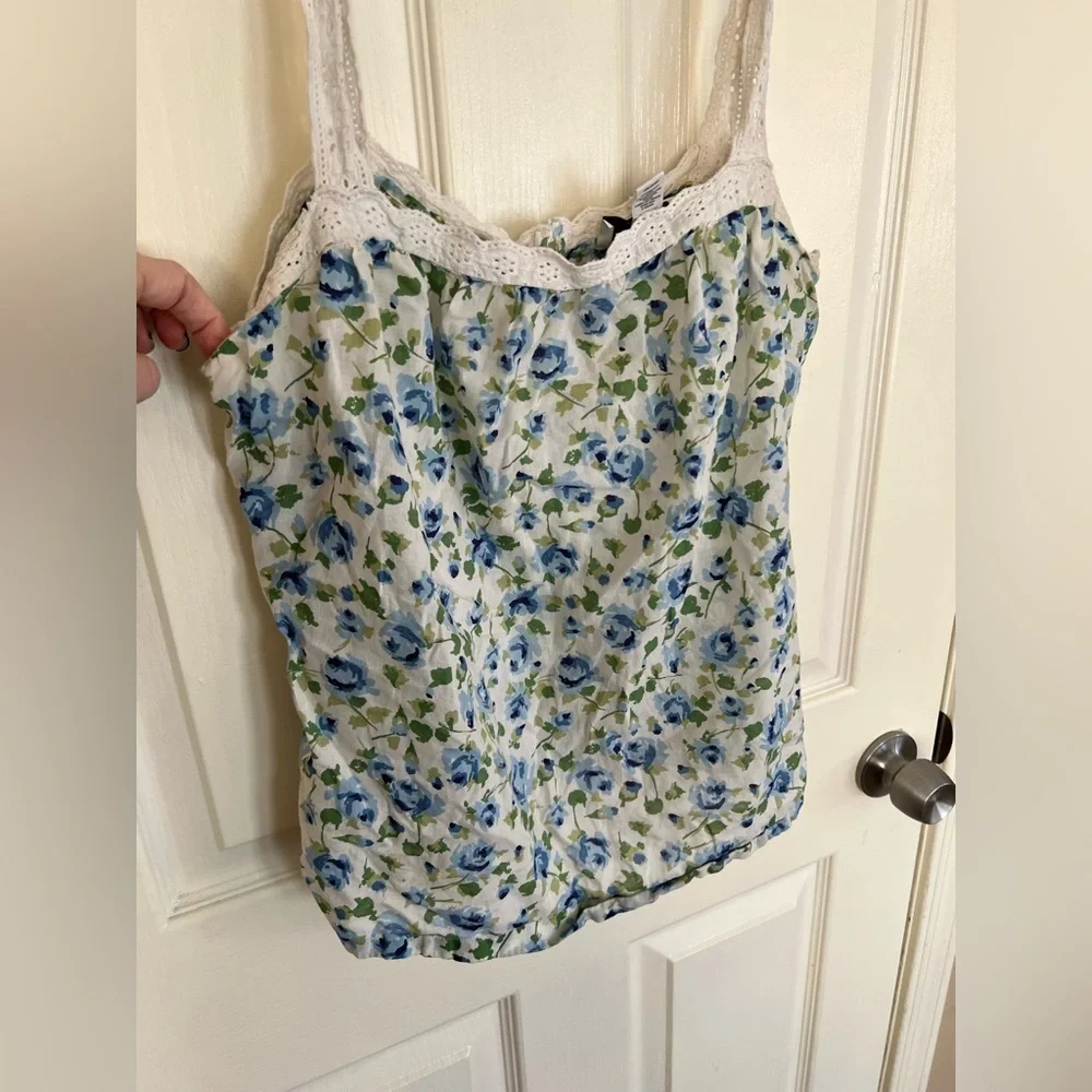 LOFT Blue Floral Lace Trim Camisole Tank Top Size L - Picture 5 of 8